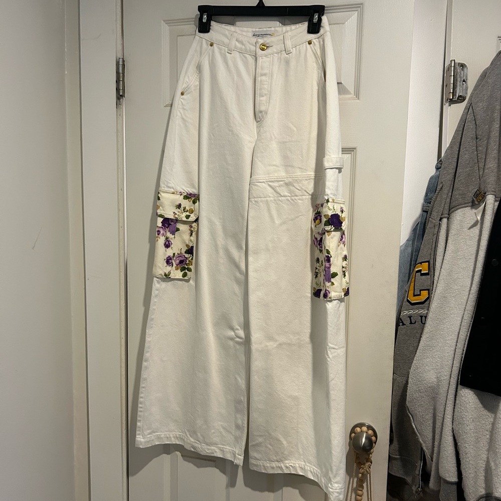 Heavy Manners White Wide Leg Jeans with Purple Floral Patch Pockets